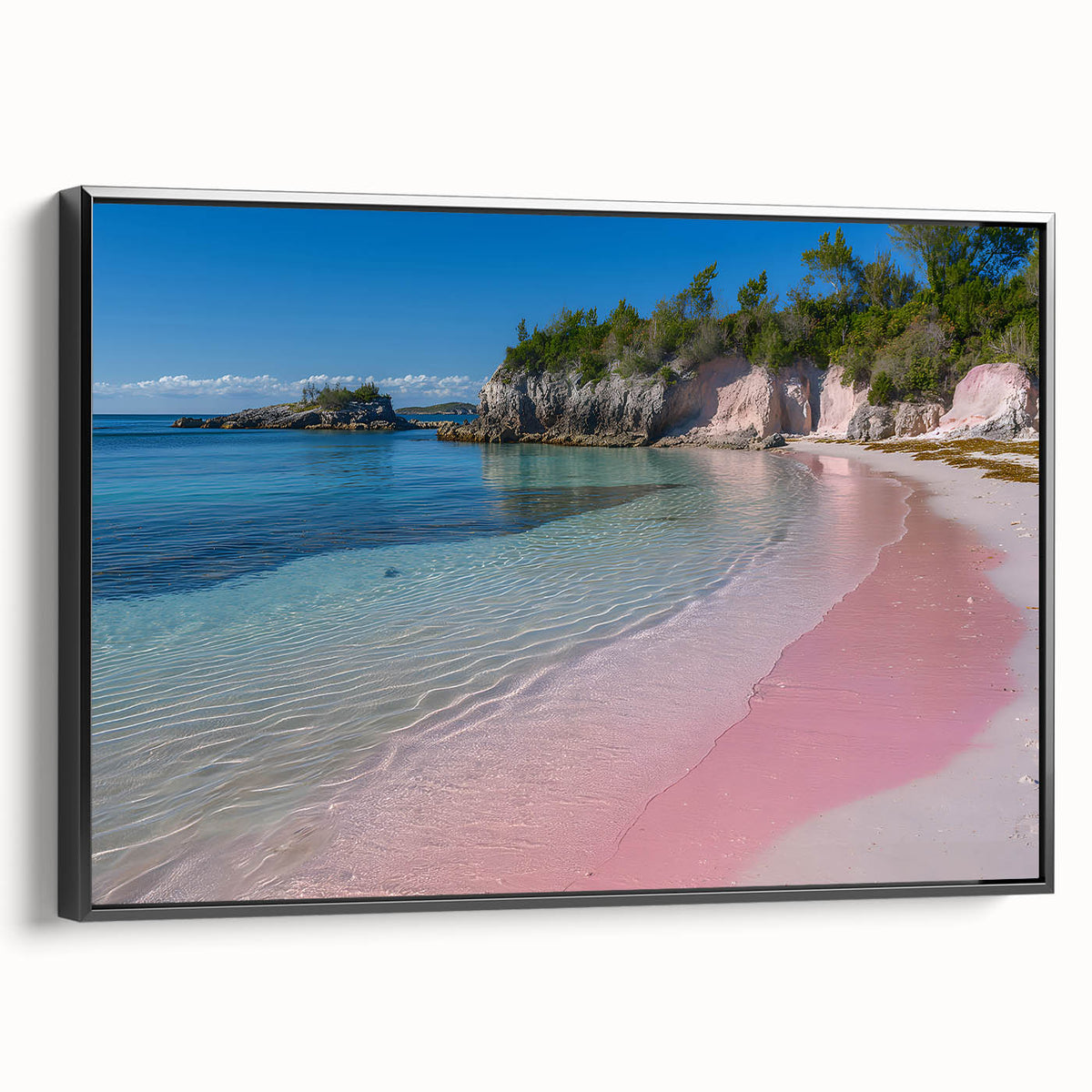 Black and white framed canvas of a vintage Bermuda landscape, ideal for bedroom wall decor.
