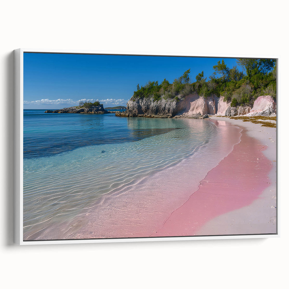 Framed canvas of a vintage poster art featuring colorful Caribbean scenery, ideal for living room decor.
