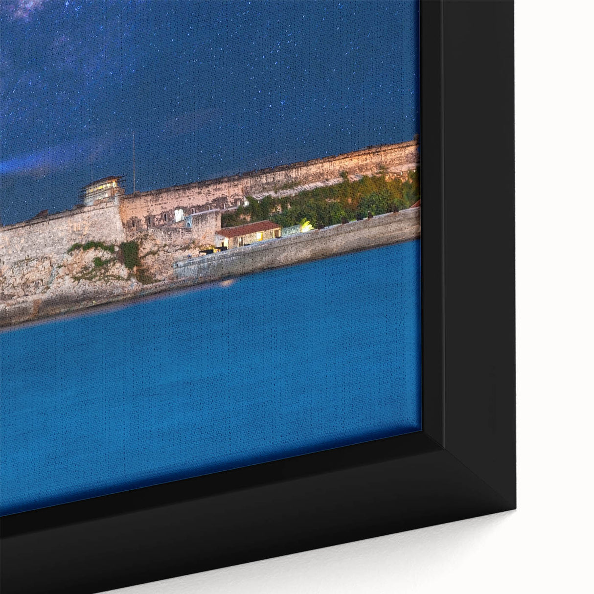 Extra large framed canvas featuring a textured black background with vibrant, colorful Caribbean scenery.