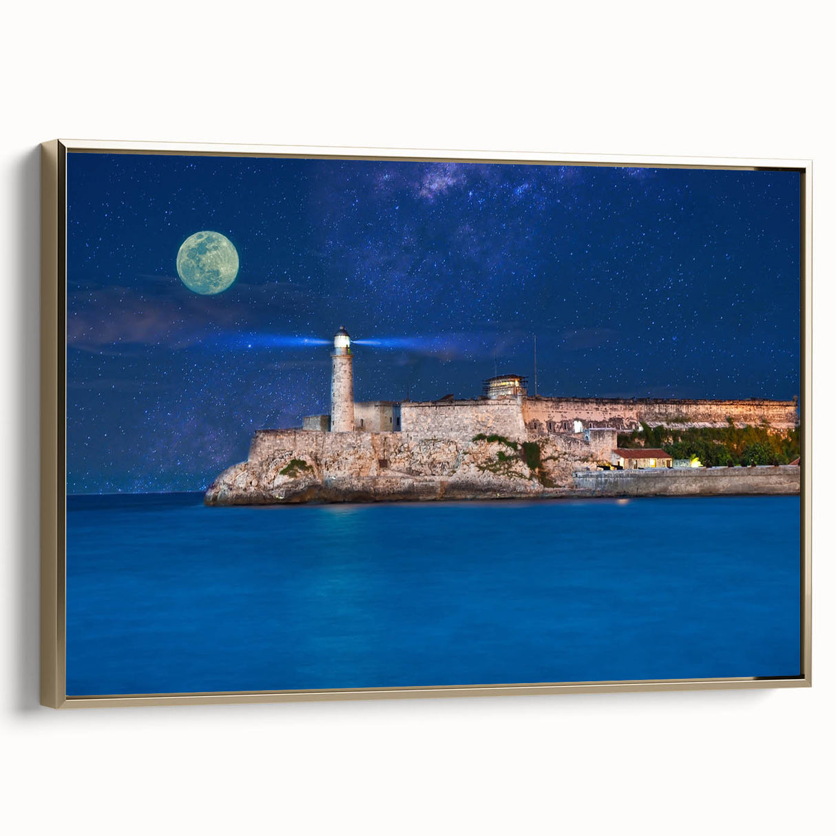 Framed canvas wall art featuring a vintage-style Caribbean landscape in black and gold tones, ideal for bedroom decor.