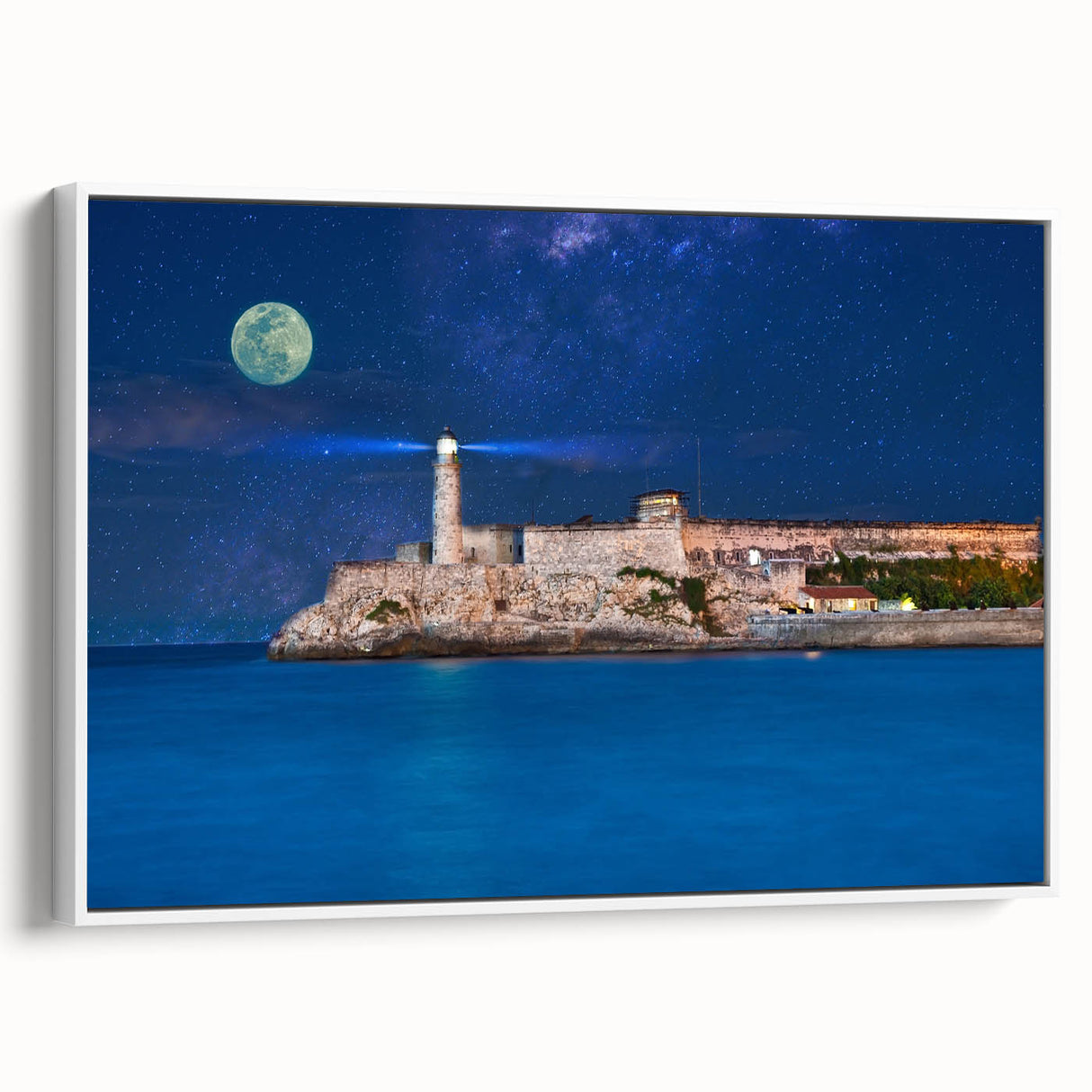 Vintage poster art of a colorful Caribbean scenery on a framed canvas, ideal for living room decor.