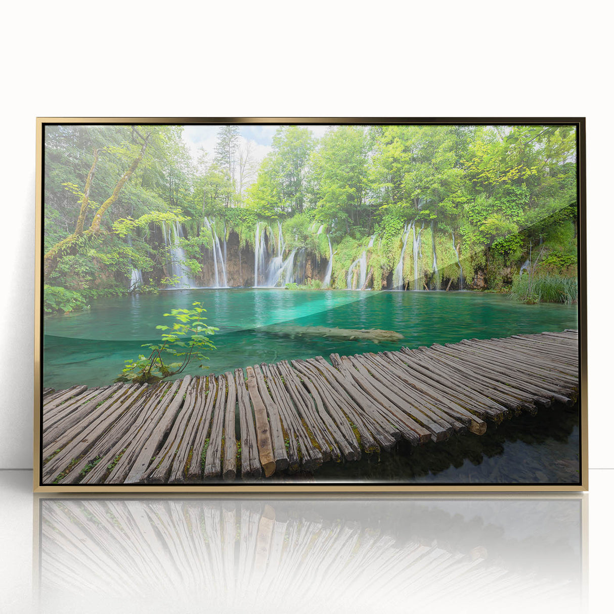 Art deco poster of a Croatian landscape in gold and blue tones, acrylic print framed, suitable for modern art wall decor.