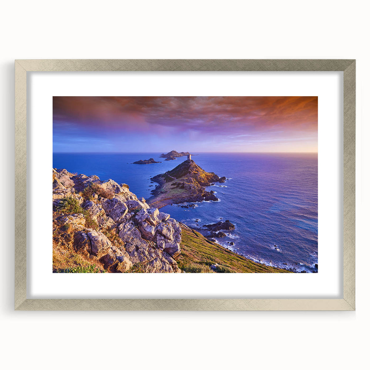 Extra large abstract art print of Corsican scenery in silver frame, featuring textured blues and greens.