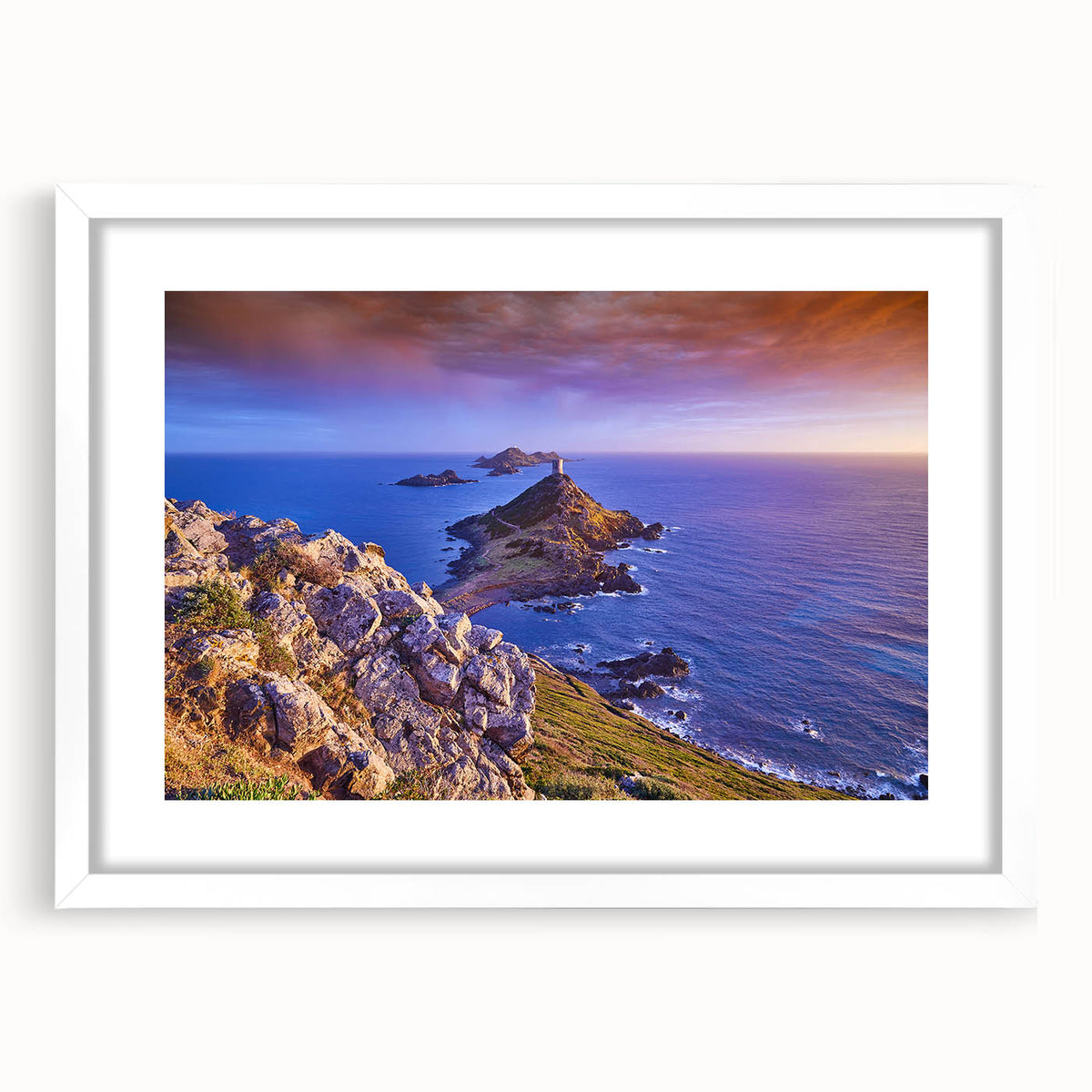 Textured art print of an abstract Corsican landscape in muted earth tones on a framed white mat, ideal for bedroom decor.