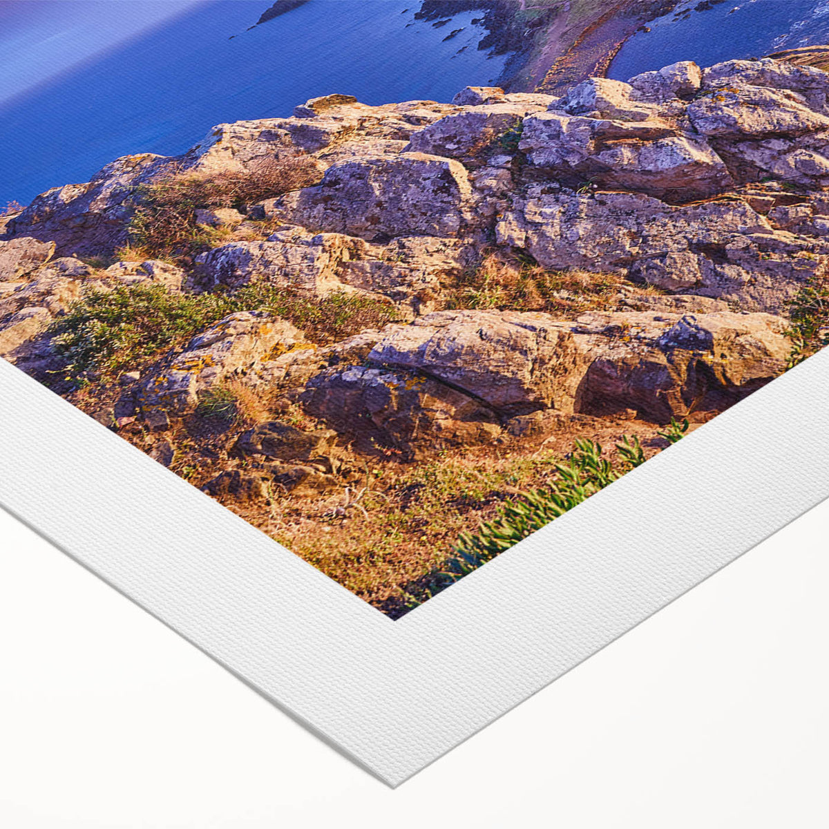 Art deco poster featuring a serene Corsican landscape in soft pastel colors, ideal for dining room wall art.