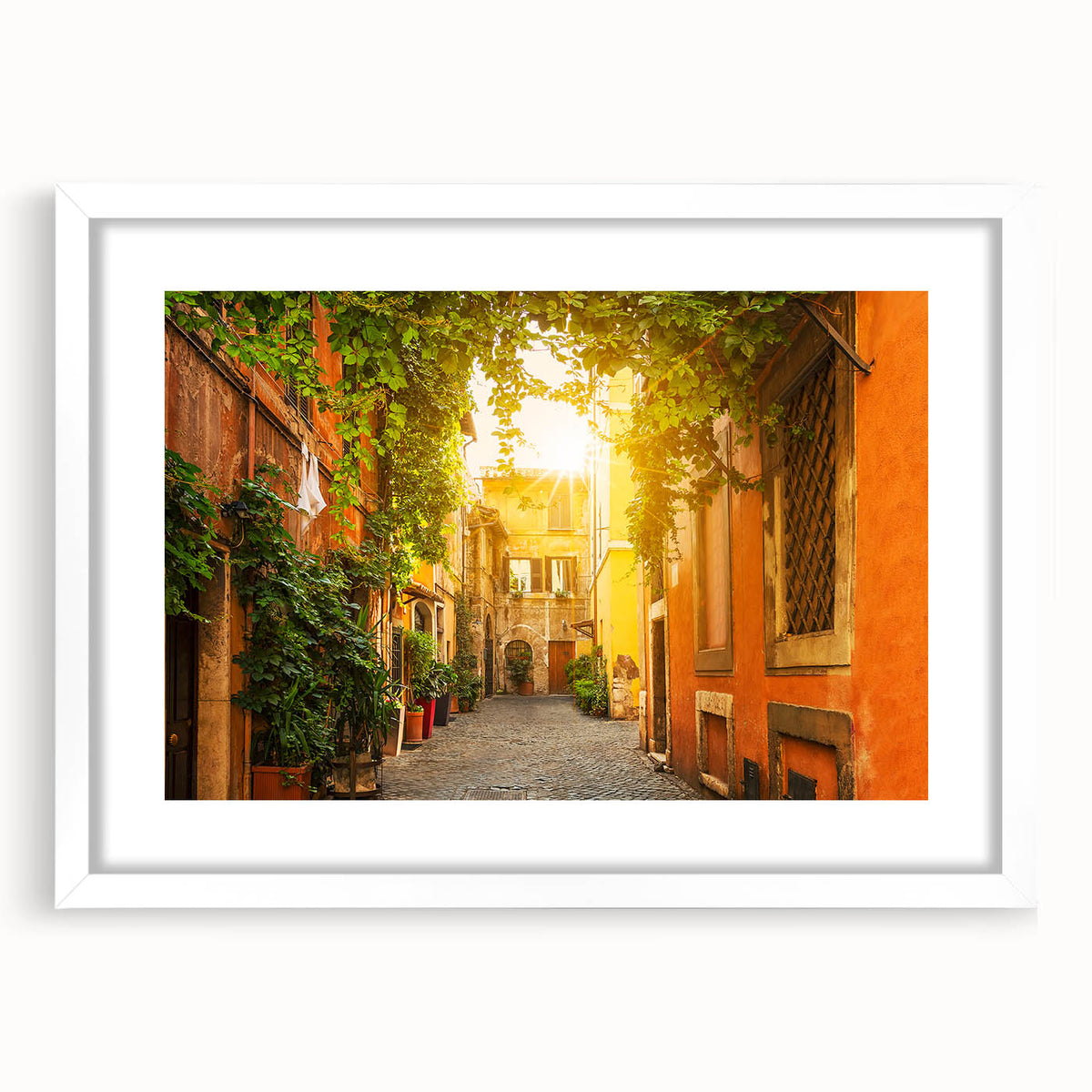 Textured art print of an abstract Rome scenery in muted earth tones on a framed white mat, ideal for bedroom decor.