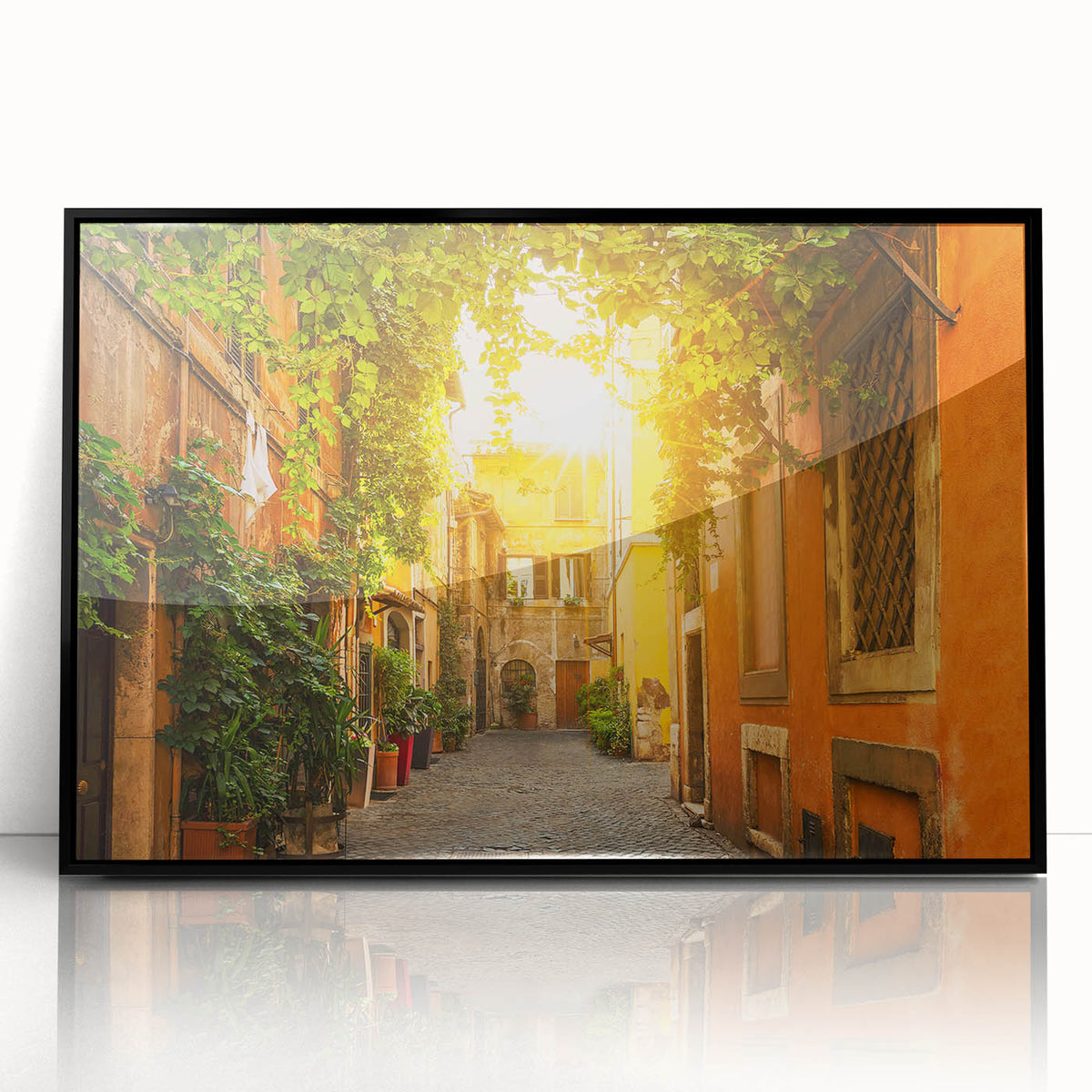 Large abstract wall art depicting a stylized Rome landscape in muted earth tones on a black framed acrylic.