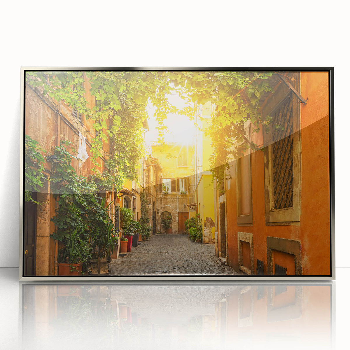 Acrylic print of Rome scenery featuring muted earth tones in a mid-century modernist style, ideal for modern art wall decor.