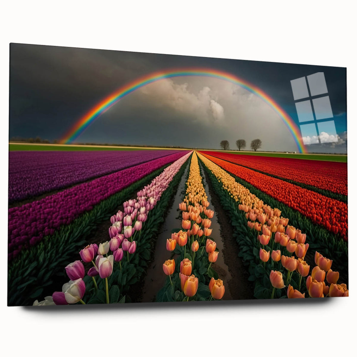 Large abstract wall art depicting a European scenery in muted earth tones, printed on acrylic glass.