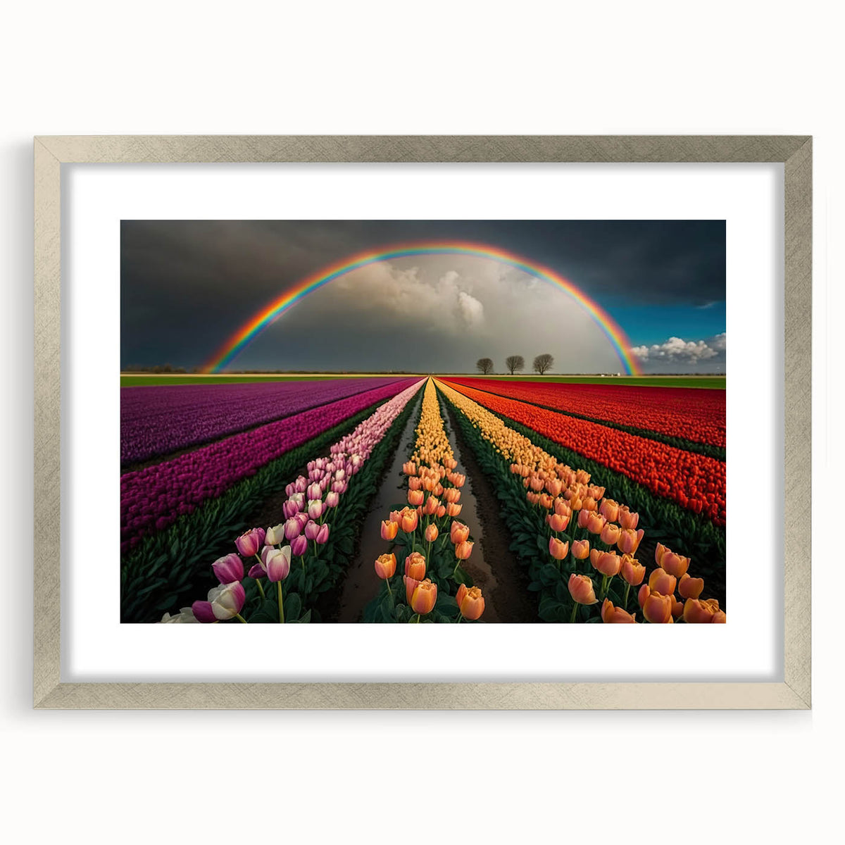 Extra large abstract art print of a textured European scenery in muted earth tones, framed in silver.