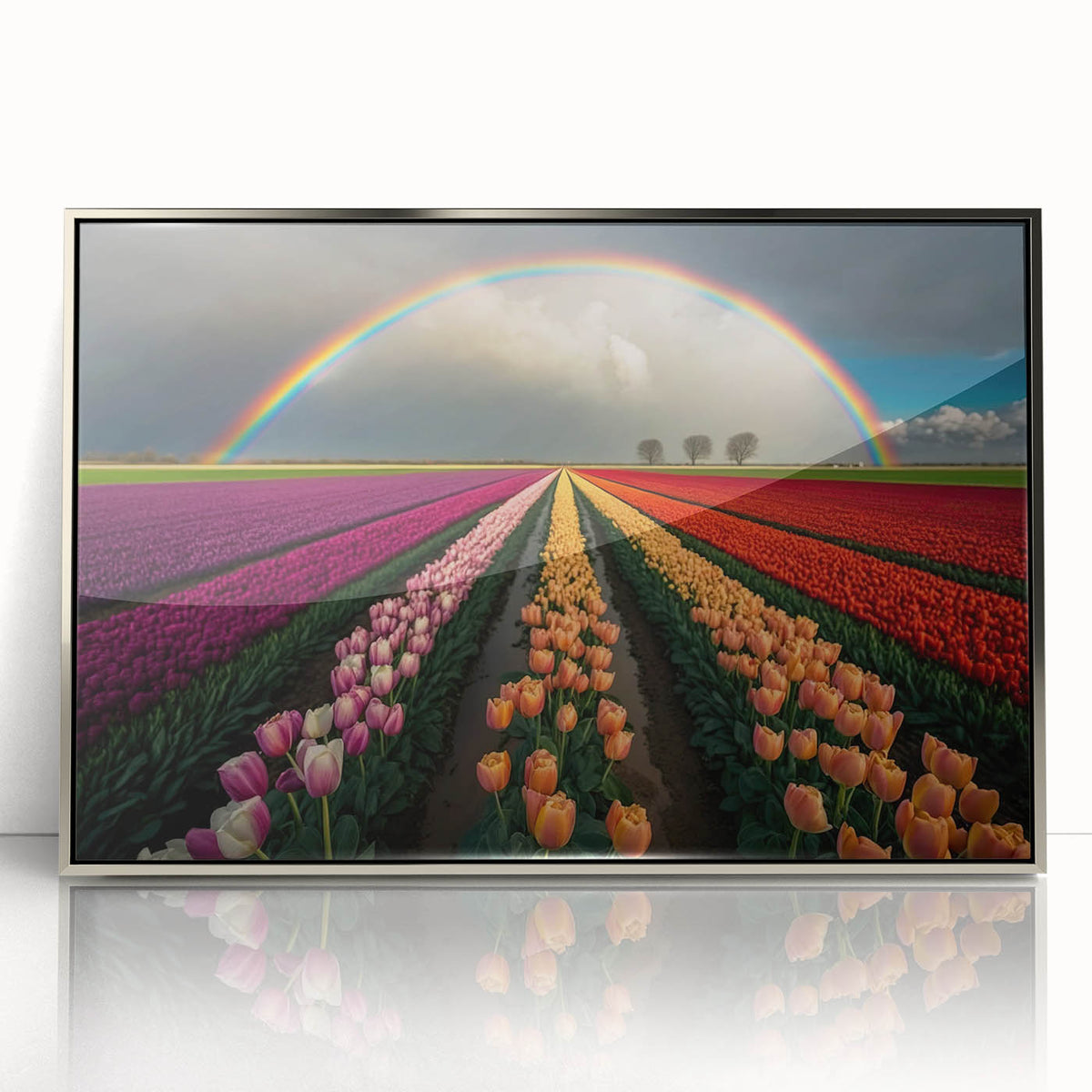Large art print of a European scenery in muted earth tones on a silver-framed acrylic, suitable for modern art wall decor.