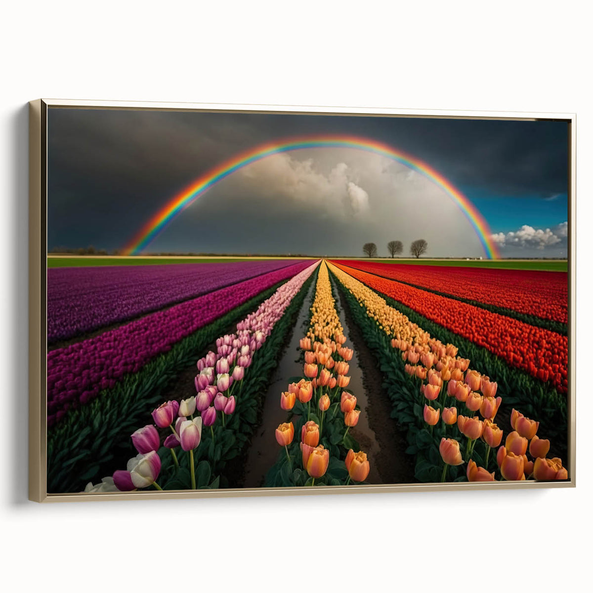 Framed canvas featuring a vintage-style landscape painting of the Netherlands in muted gold and black tones.