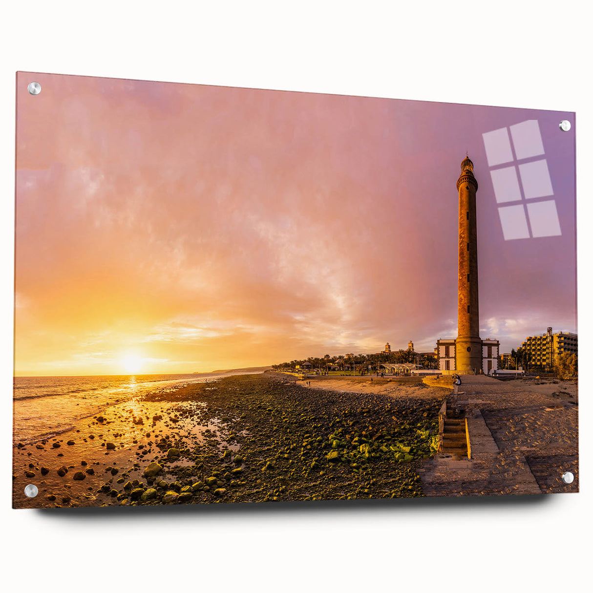 Acrylic print of a large abstract depiction of the Canary Islands, featuring vibrant blue and green tones.