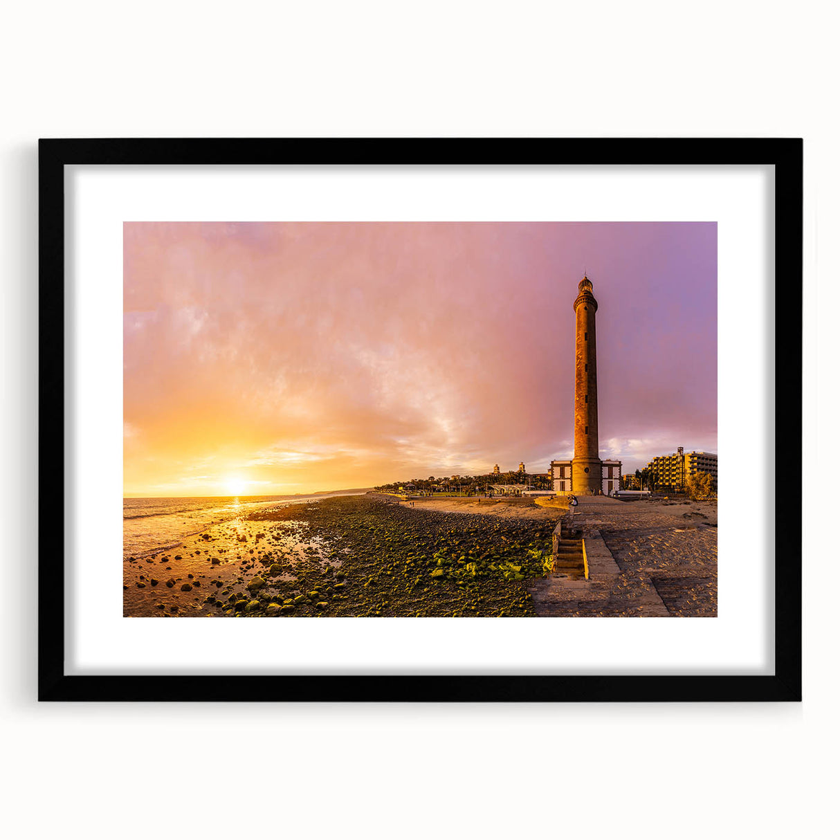 Extra large abstract art print featuring a colorful, textured depiction of a European scenery, framed in black.