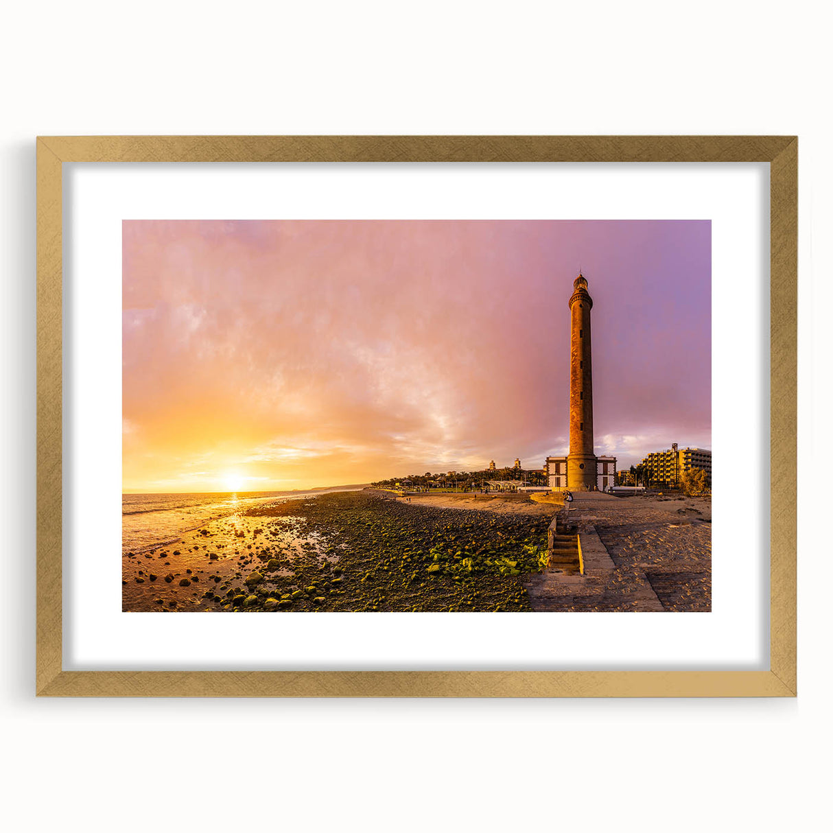 Abstract art print featuring a stylized European scenery in muted earth tones, framed in gold.