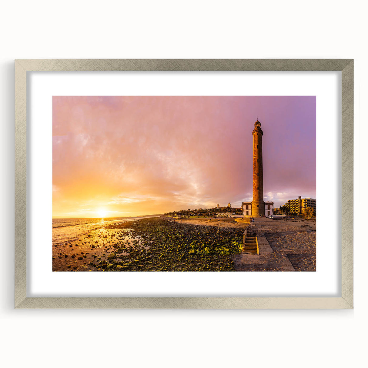 Extra large abstract art print of a European scenery in textured tones of blue and gray, framed in silver.