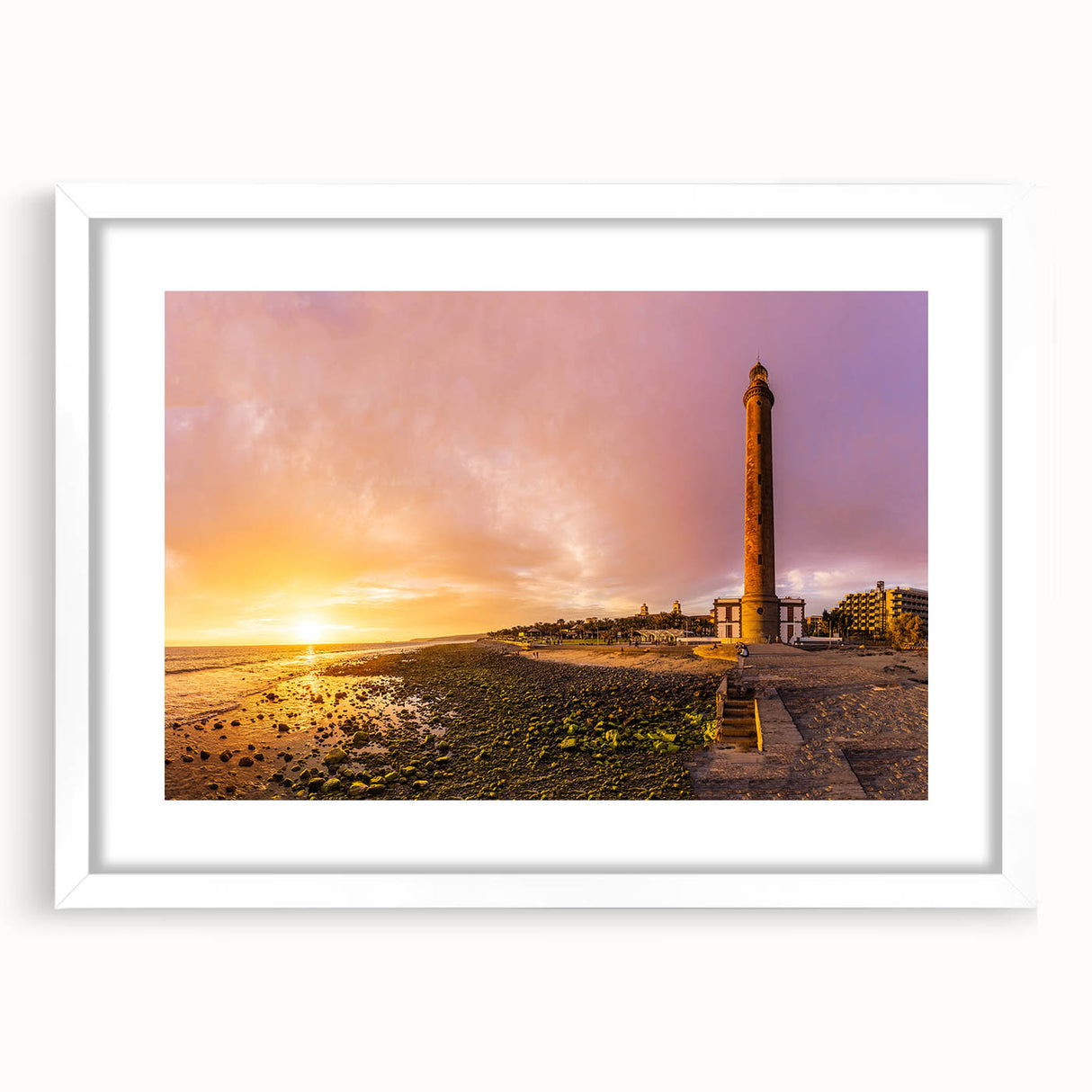 Textured abstract art print of a European scenery in muted earth tones, framed with a white mat, ideal for bedroom decor.