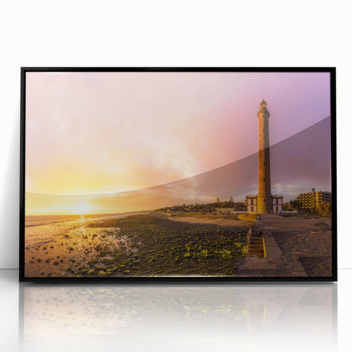 Large abstract wall art featuring a colorful mid-century modernist scene of the Canary Islands.