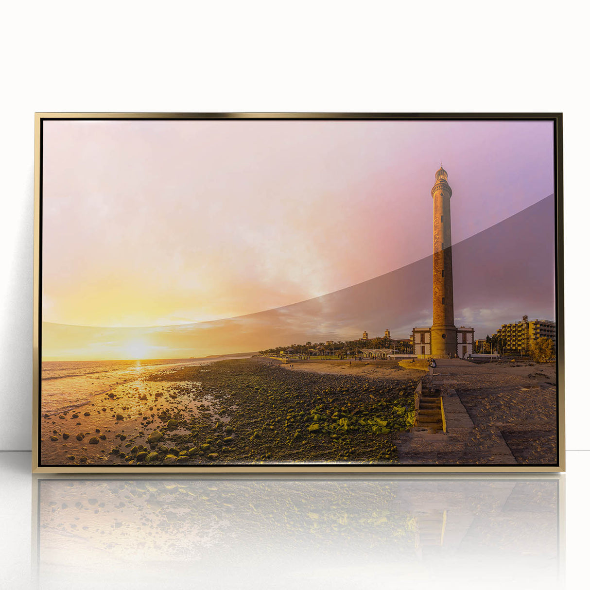 Art Deco poster of a Canary Islands scenery in gold and blue tones on acrylic, ideal for modern art wall decor.
