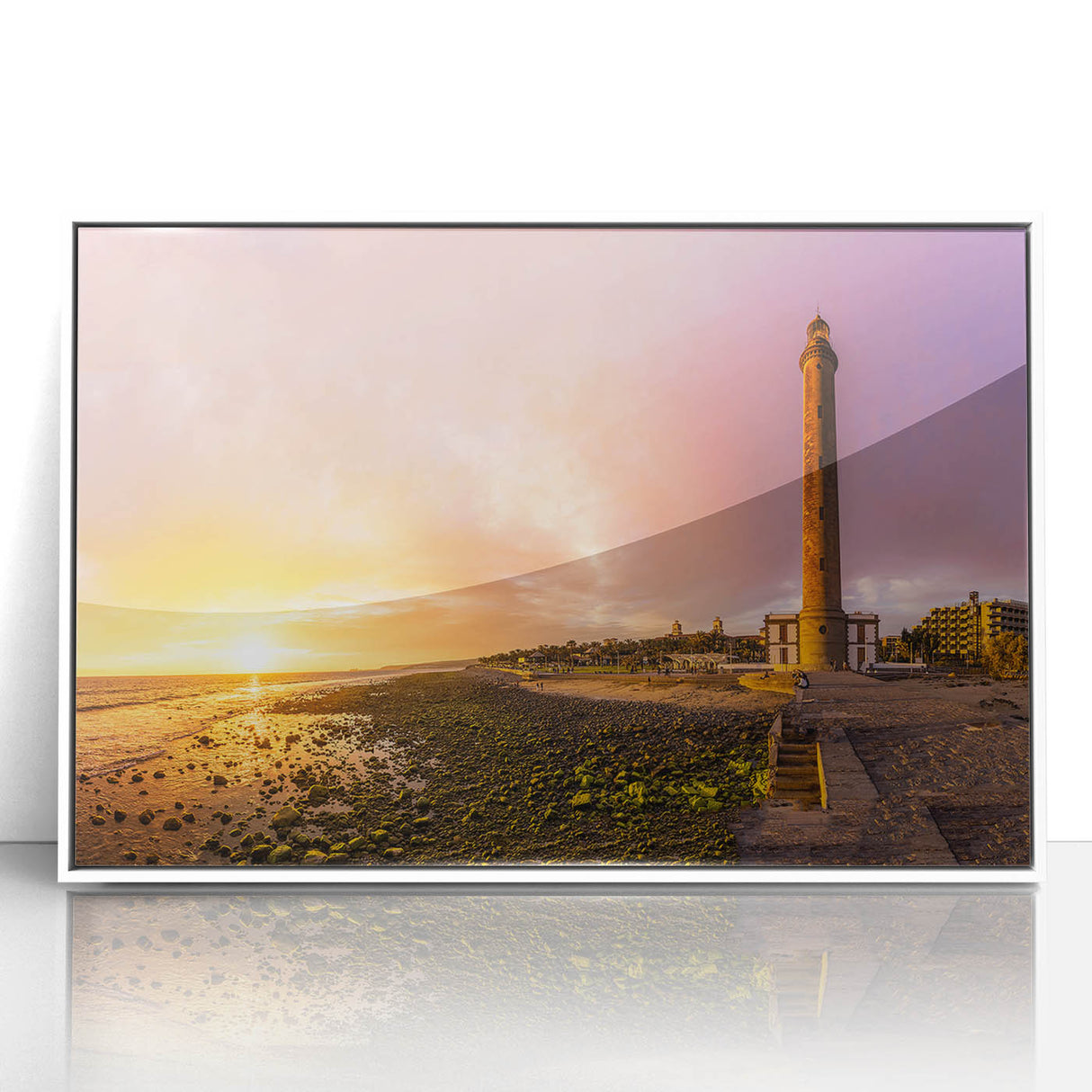 Mid-century modernist art depicting a serene European scenery in muted tones on a framed acrylic.