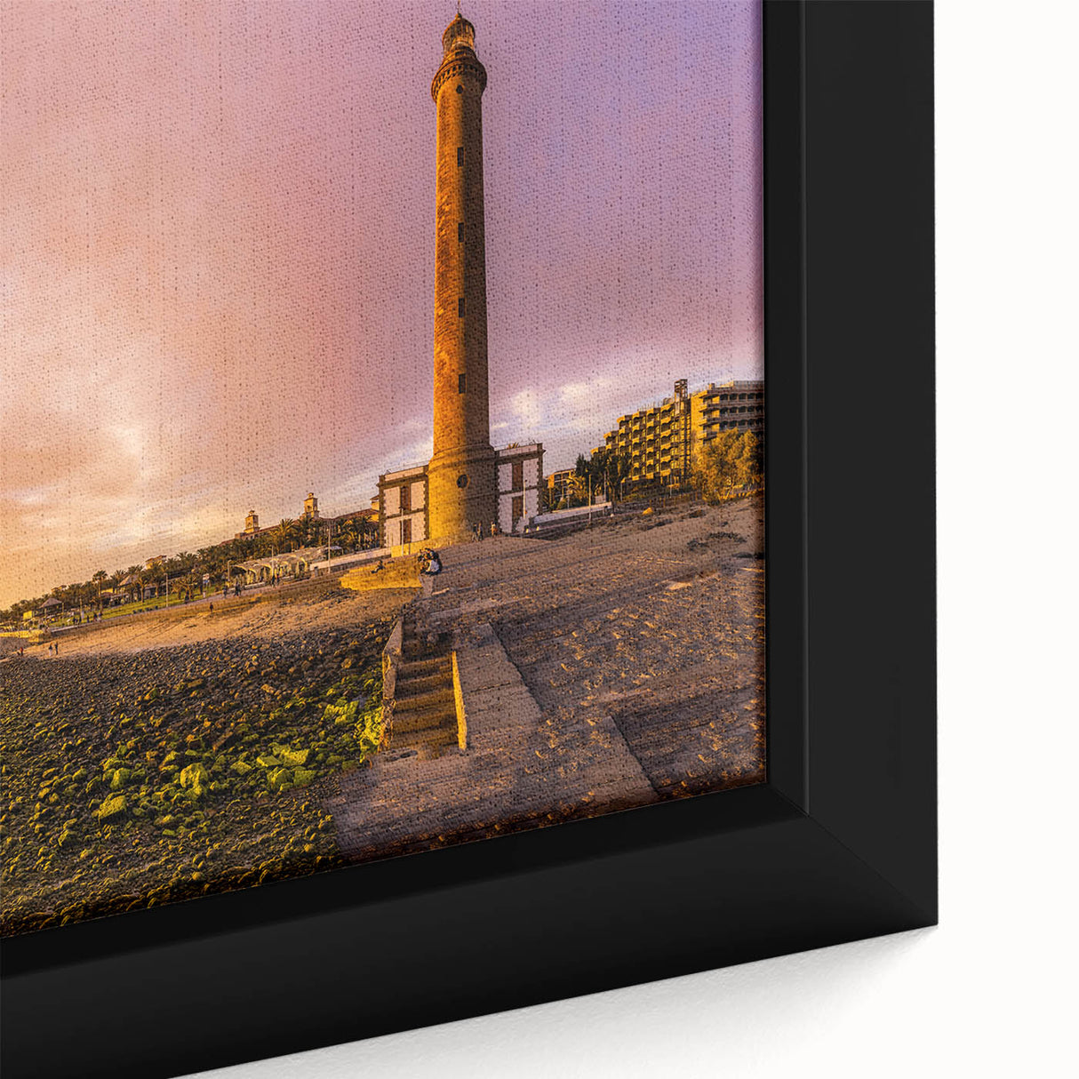 Extra large framed canvas featuring a textured depiction of a black scenic European landscape with vibrant color accents.