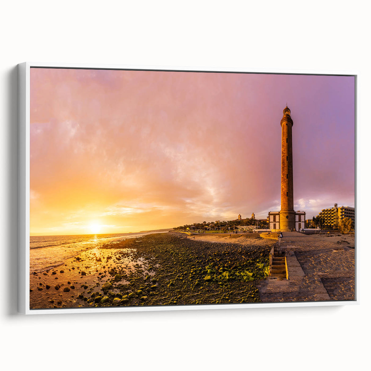 Vintage poster art of a scenic European view in vibrant colors on a framed canvas, ideal for living room decor.