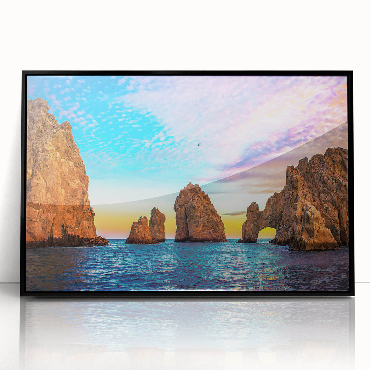 Colorful abstract art print of Cabo San Lucas scenery on a framed acrylic, ideal for extra large wall art in living rooms.