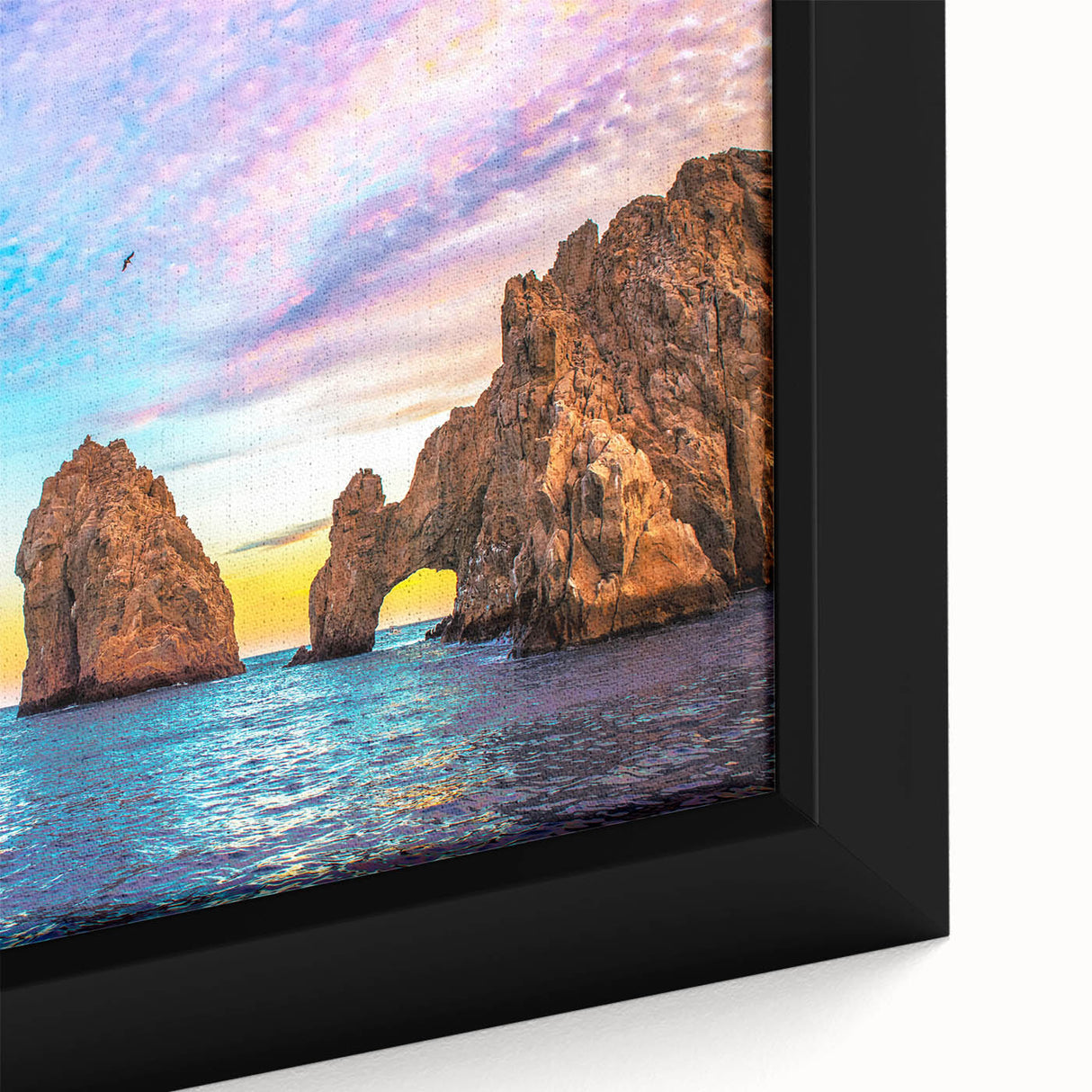 Extra large framed canvas featuring a textured depiction of Cabo San Lucas with a black and colorful art palette.