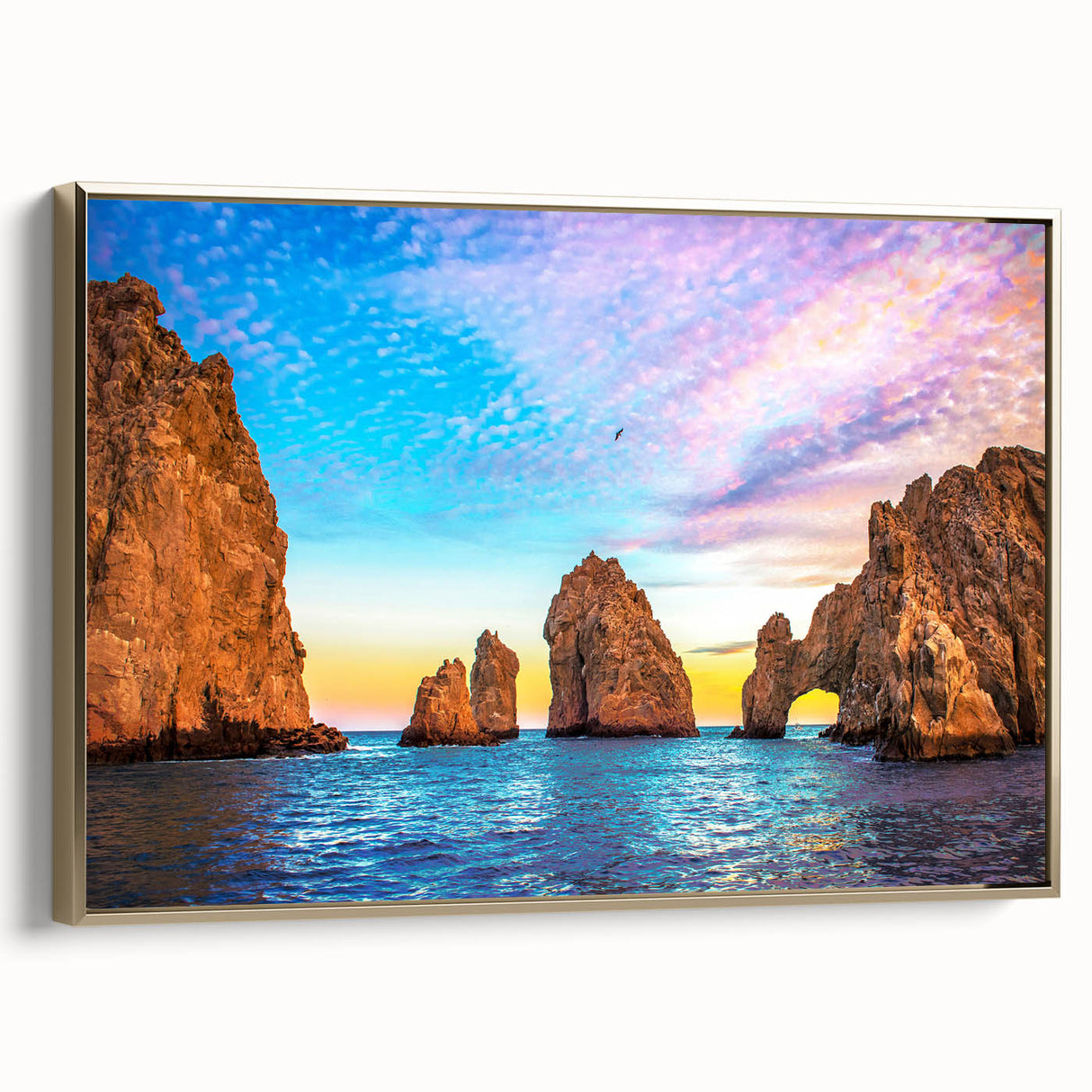 Framed canvas wall art depicting the Cabo San Lucas landscape, with muted gold and black tones, ideal for bedroom decor.