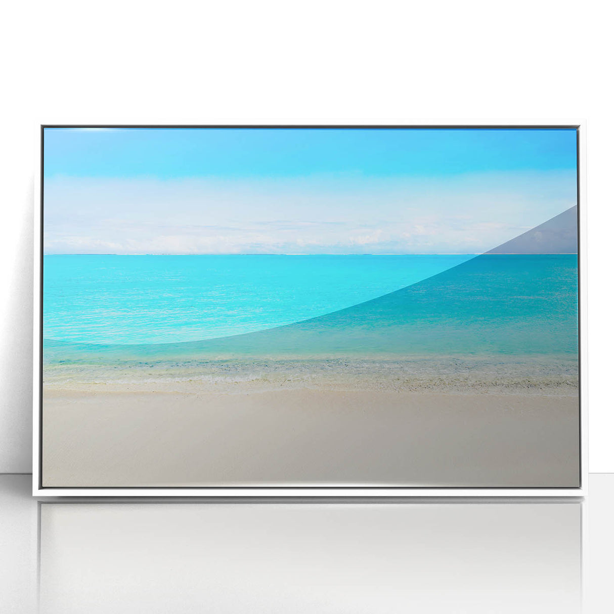 Mid-century modernist art depicting Cancun scenery on a white framed acrylic print, with muted blue and green tones.