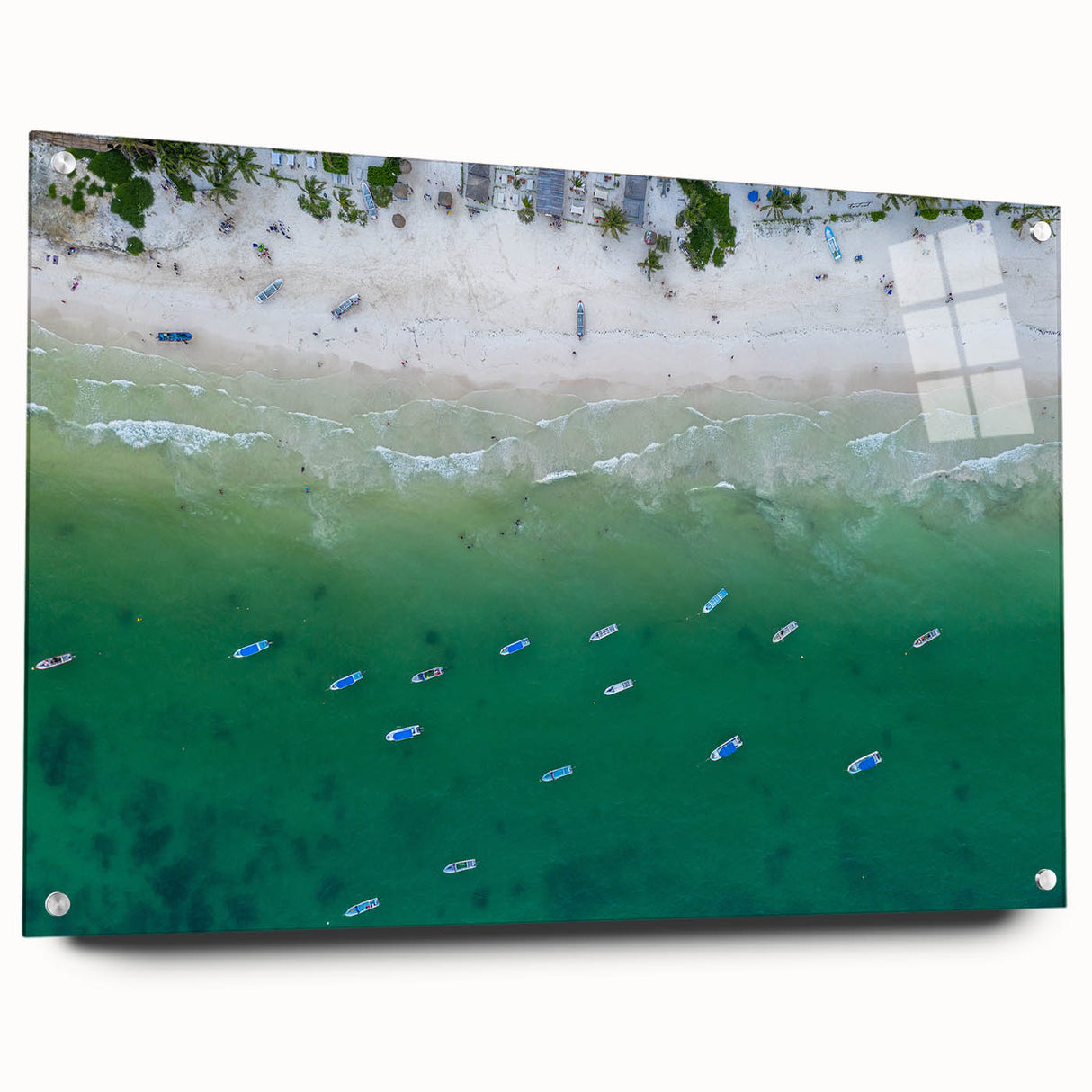 Acrylic print of a large abstract depiction of Quintana Roo scenery in cool blue and green tones.