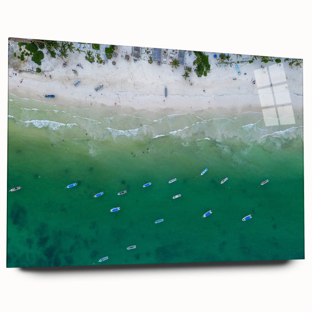 Large abstract wall art depicting a serene Quintana Roo scenery in muted blue and green tones on acrylic glass.