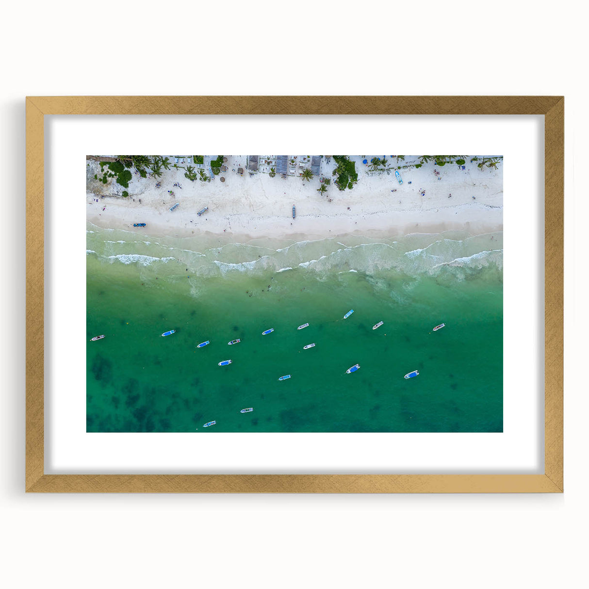 Extra large abstract art print of Quintana Roo scenery in gold frame, with textured details, suited for living room decor.