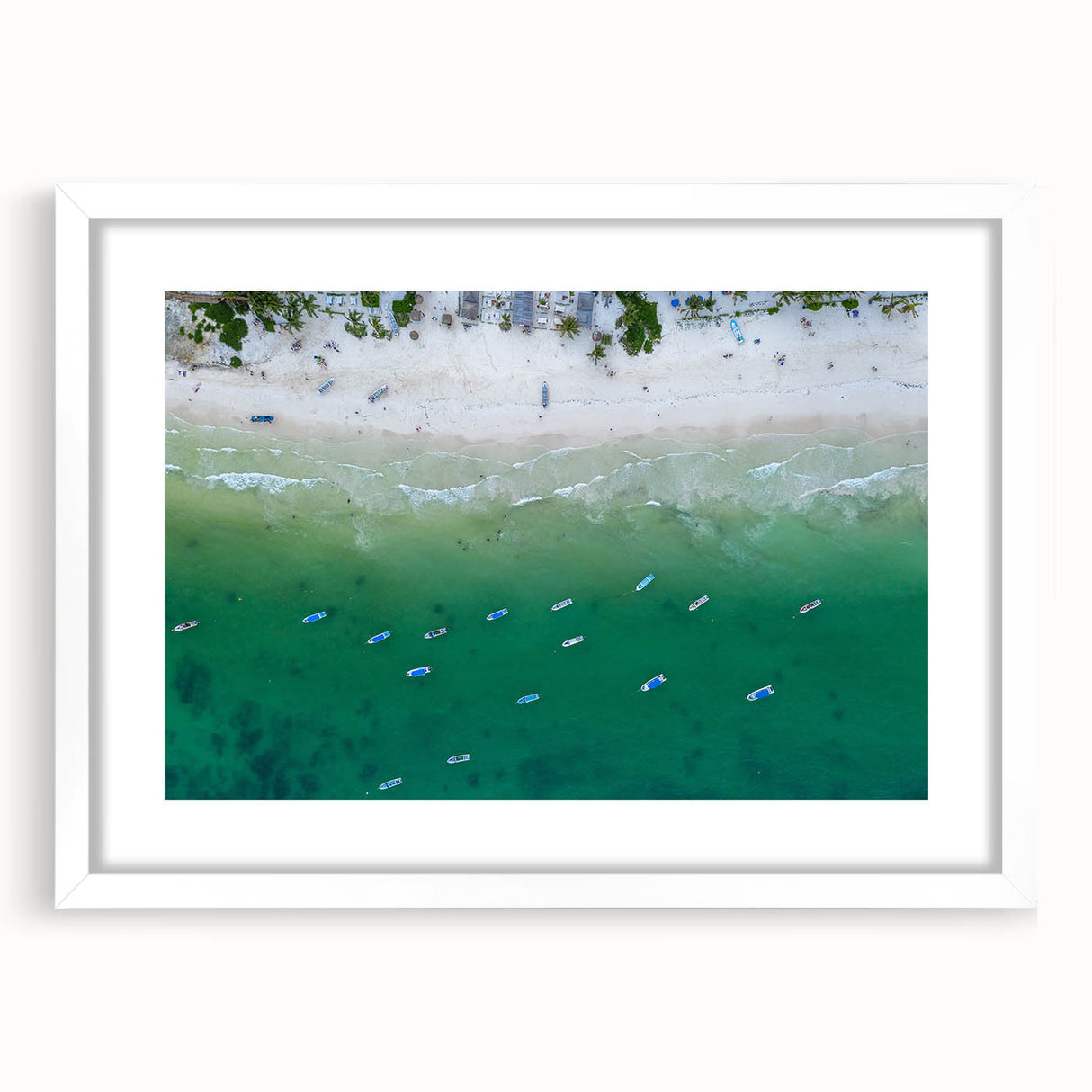 Abstract art print of Quintana Roo scenery in muted earth tones on a white-framed mat, suitable for dining room decor.