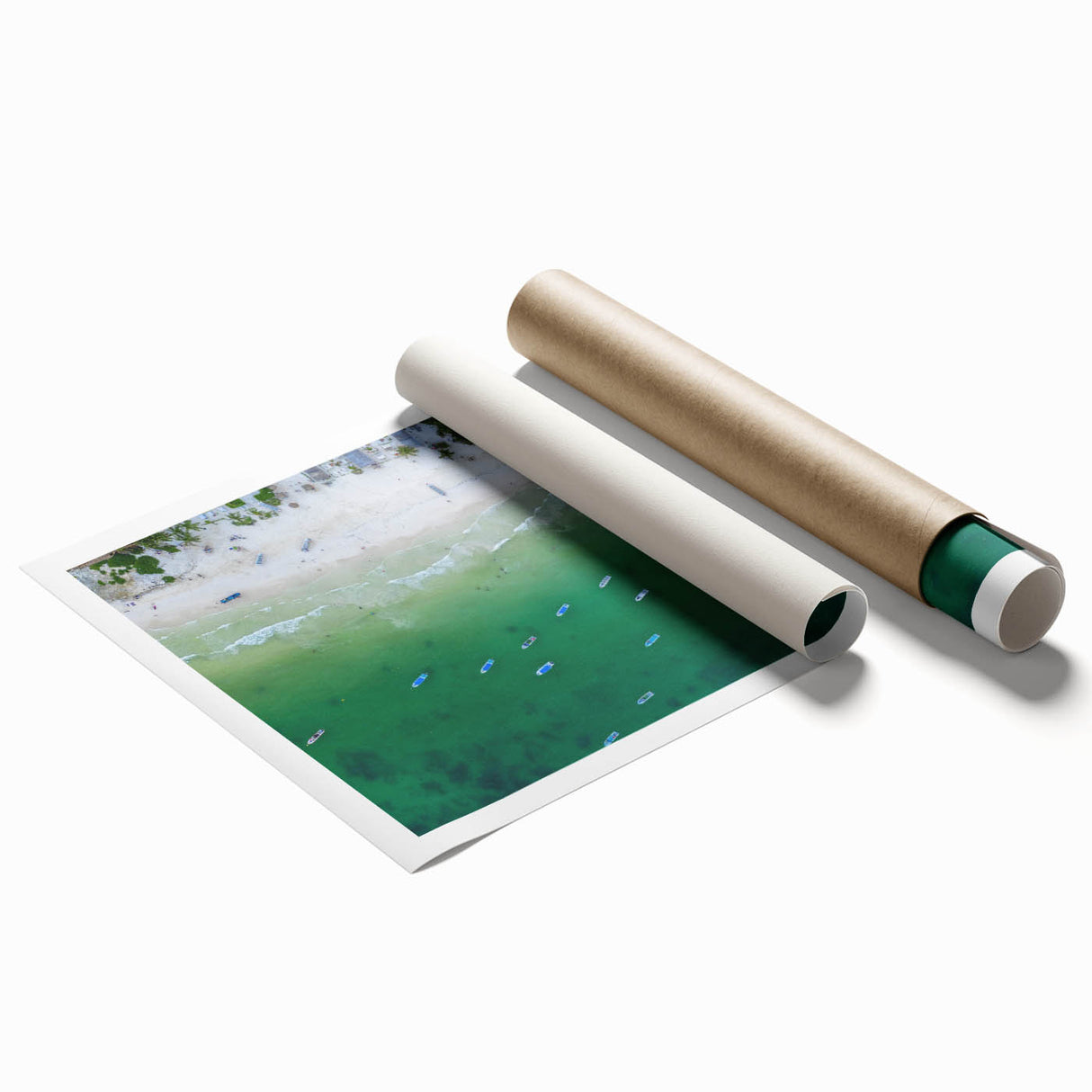 Rolled print of Quintana Roo scenery with vivid green and blue tones, ideal for classy bathroom wall art.