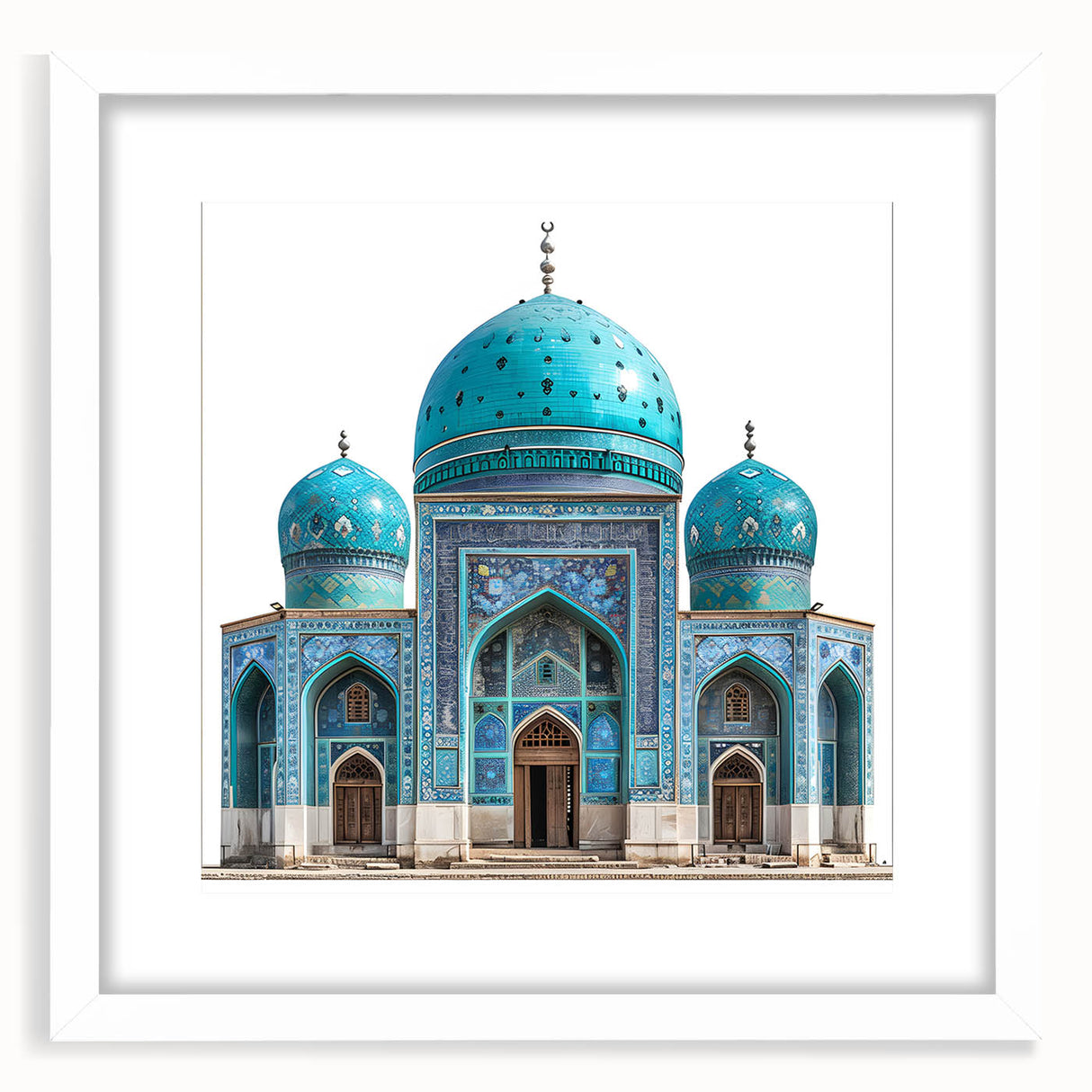 Abstract art print depicting a Middle Eastern scenery in muted earth tones on a framed white mat.