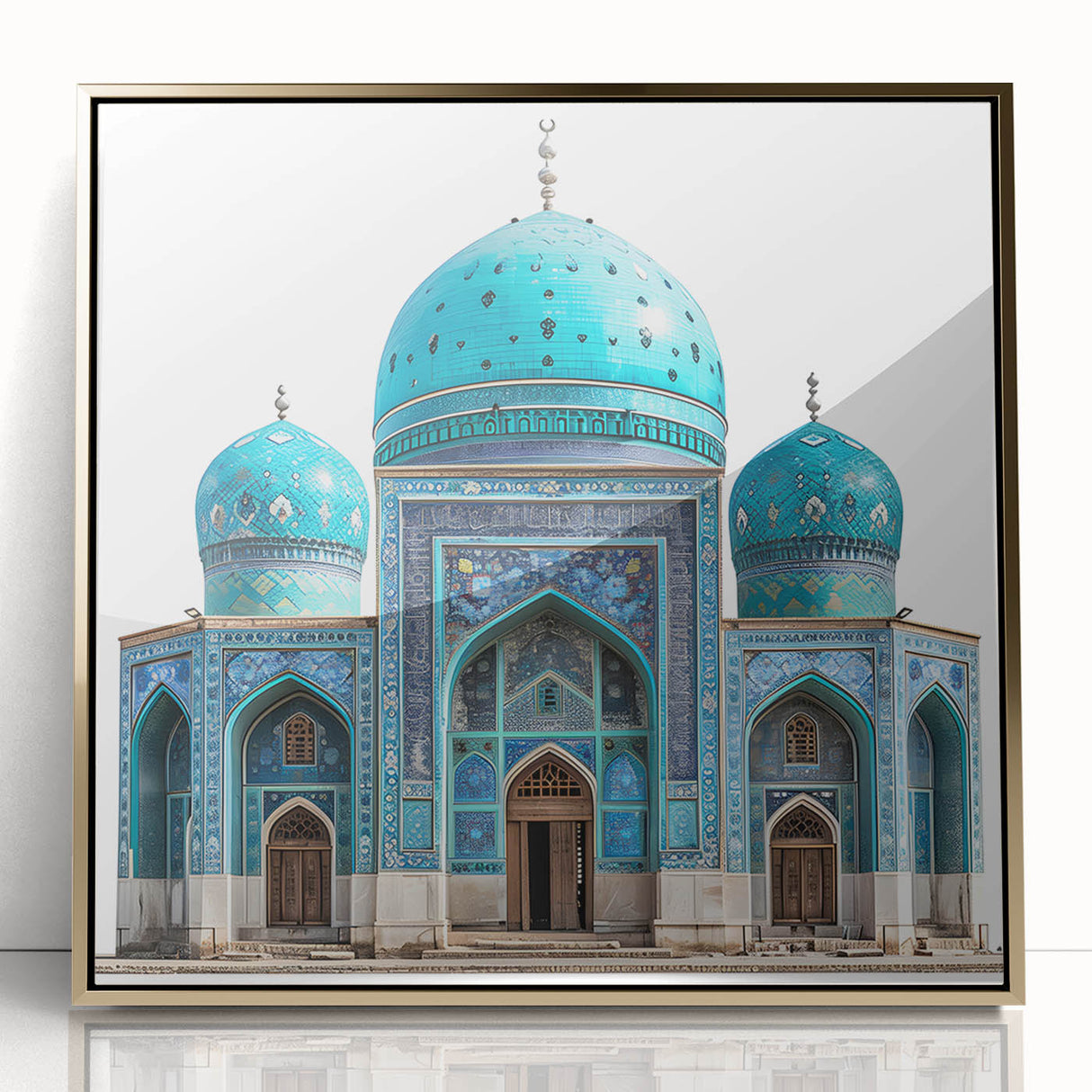 Mid-century modernist acrylic print of an Afghan scenery in gold tones on a framed canvas.