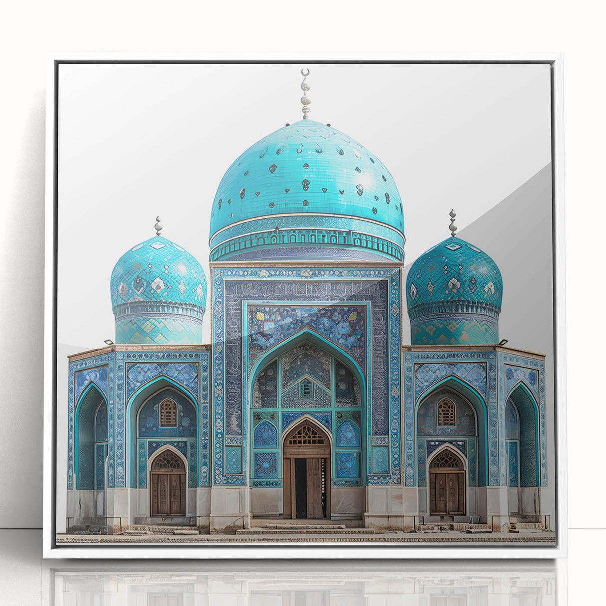 Art deco poster depicting a Middle Eastern landscape in muted earth tones on a framed acrylic.