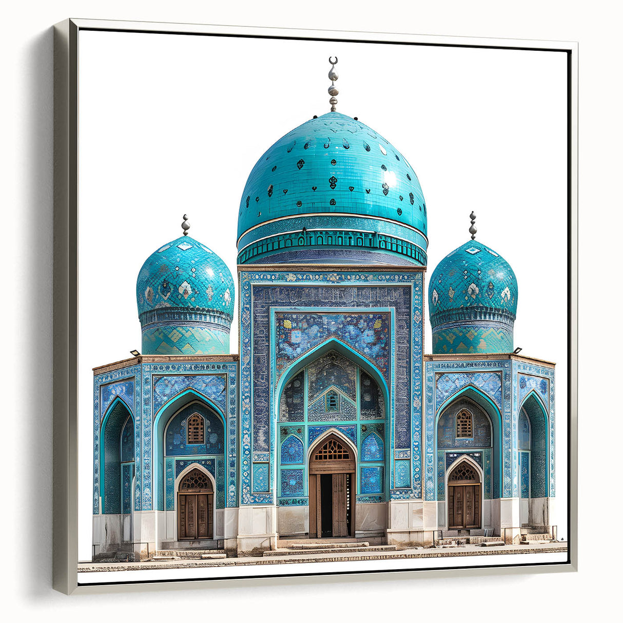 Landscape art painting of a Middle Eastern scenery on a silver-framed canvas, featuring vibrant earth tones.