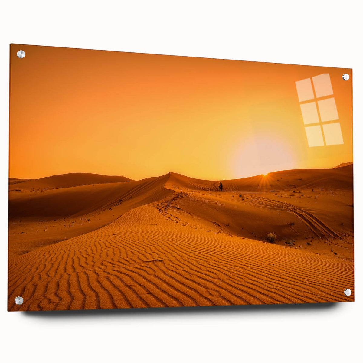 Acrylic glass print of Dubai skyline in muted earth tones, ideal for dining room decor.