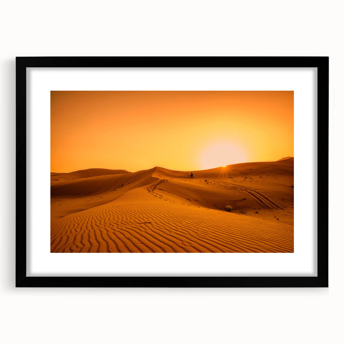 Colorful abstract art print of Dubai skyline, in vibrant hues on textured canvas, framed in black.