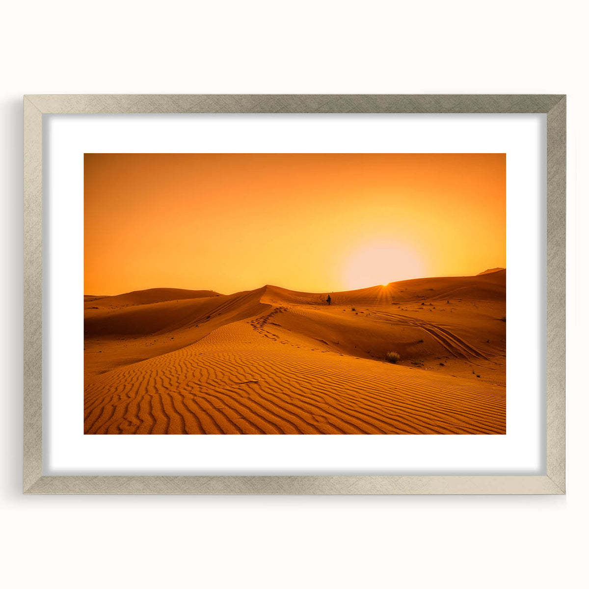 Textured abstract art print of Dubai skyline in muted gray and silver tones on a framed canvas, suitable for bedroom decor.