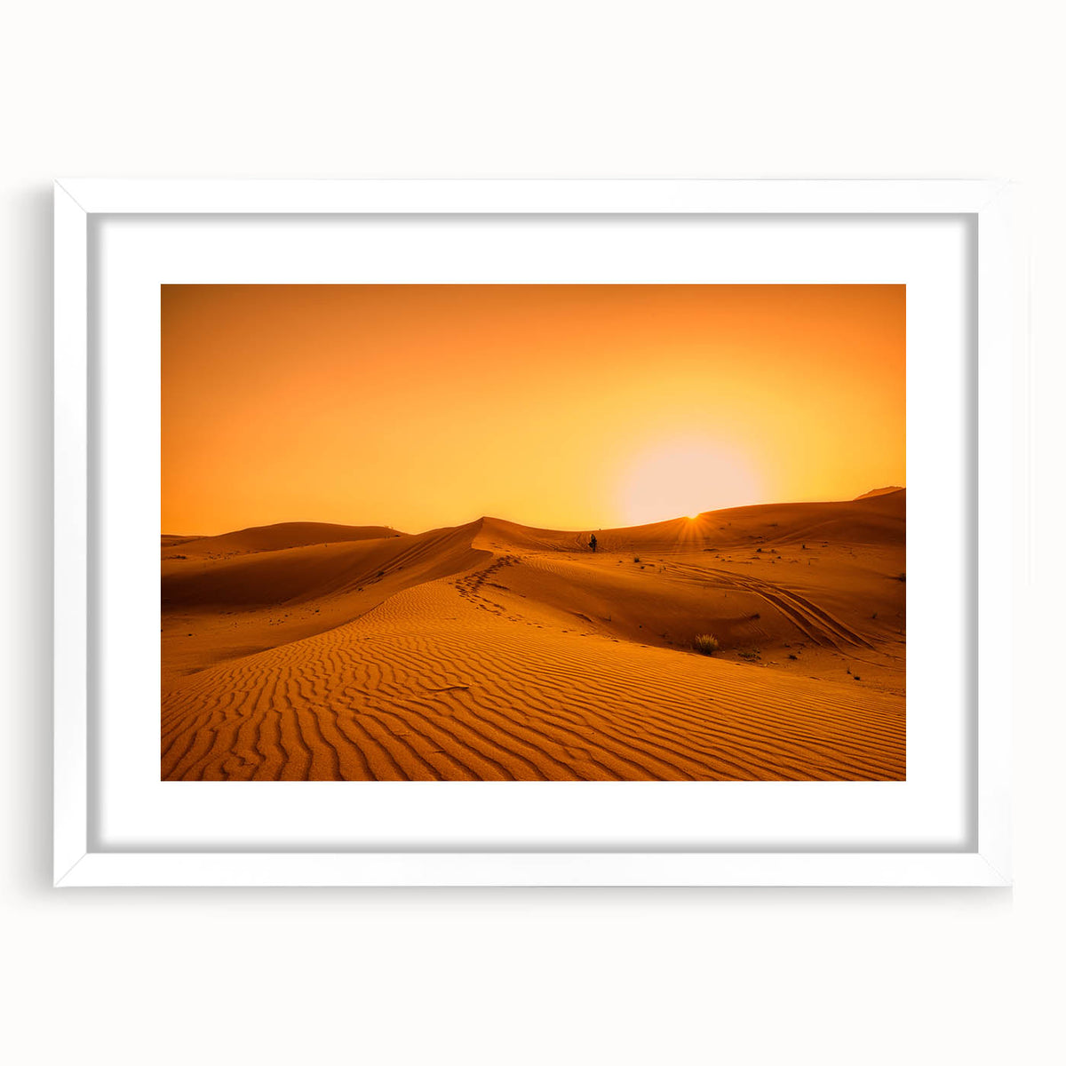 Abstract art print of Dubai skyline in muted blue and white tones on a framed poster, ideal for dining room decor.