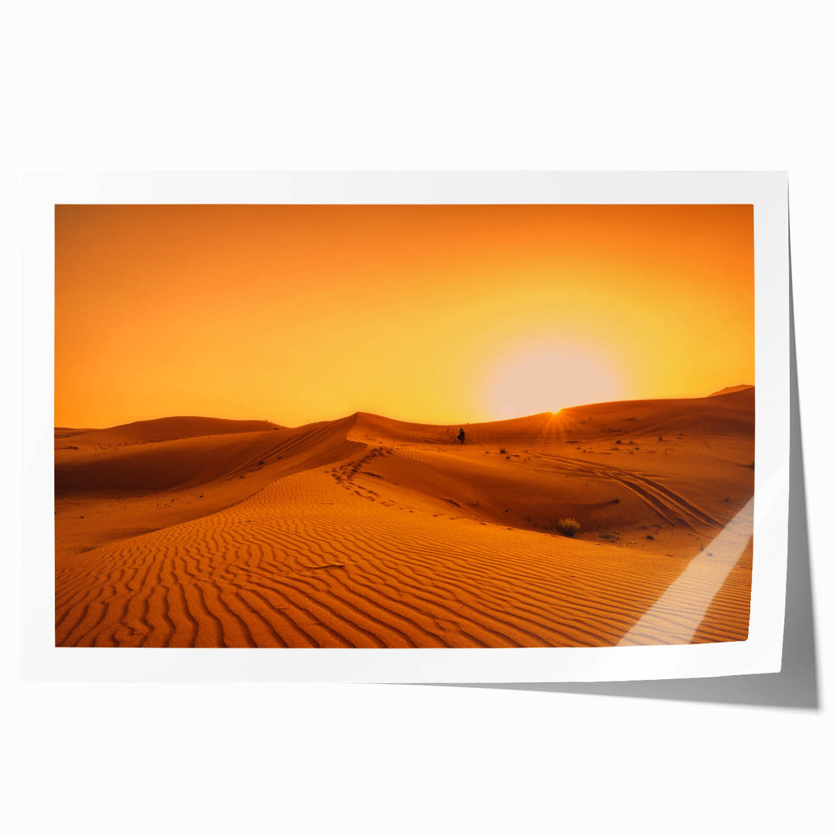 Rolled print of Dubai skyline in muted gold and blue tones, suitable for art wall dining room.