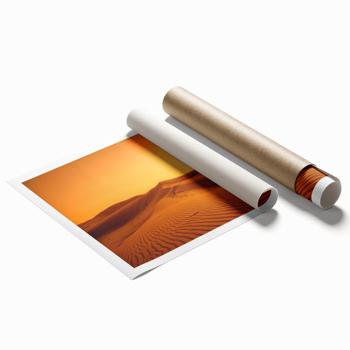 Extra large rolled print of Dubai skyline in muted earth tones, ideal for classy bathroom wall art.