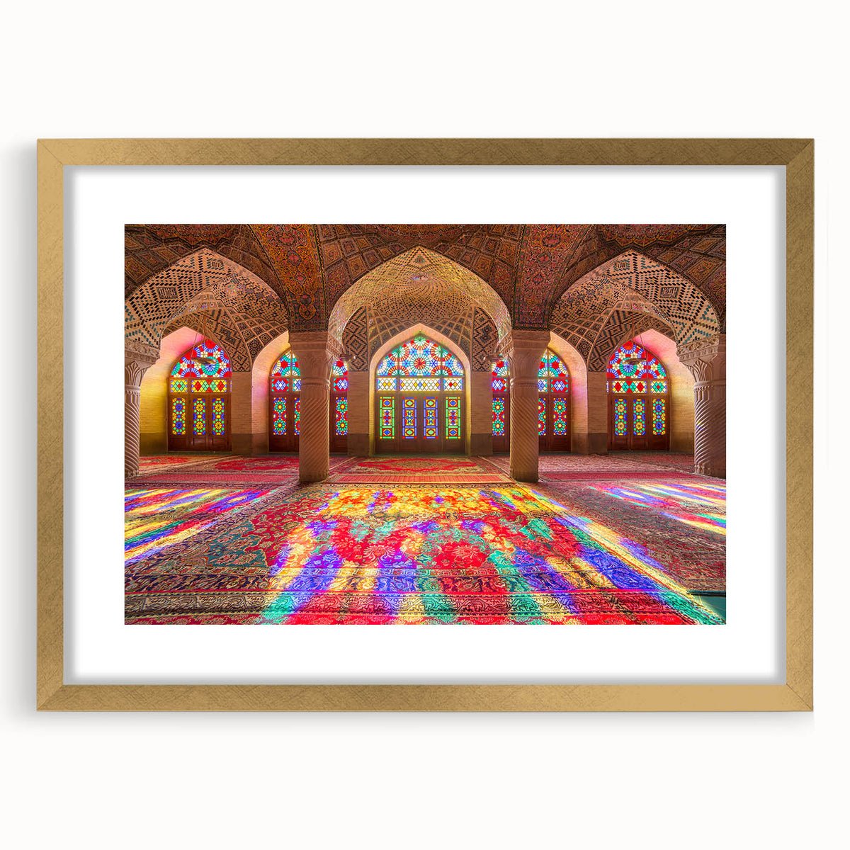 Extra large abstract art print of Middle Eastern scenery in muted earth tones on a gold-framed canvas.