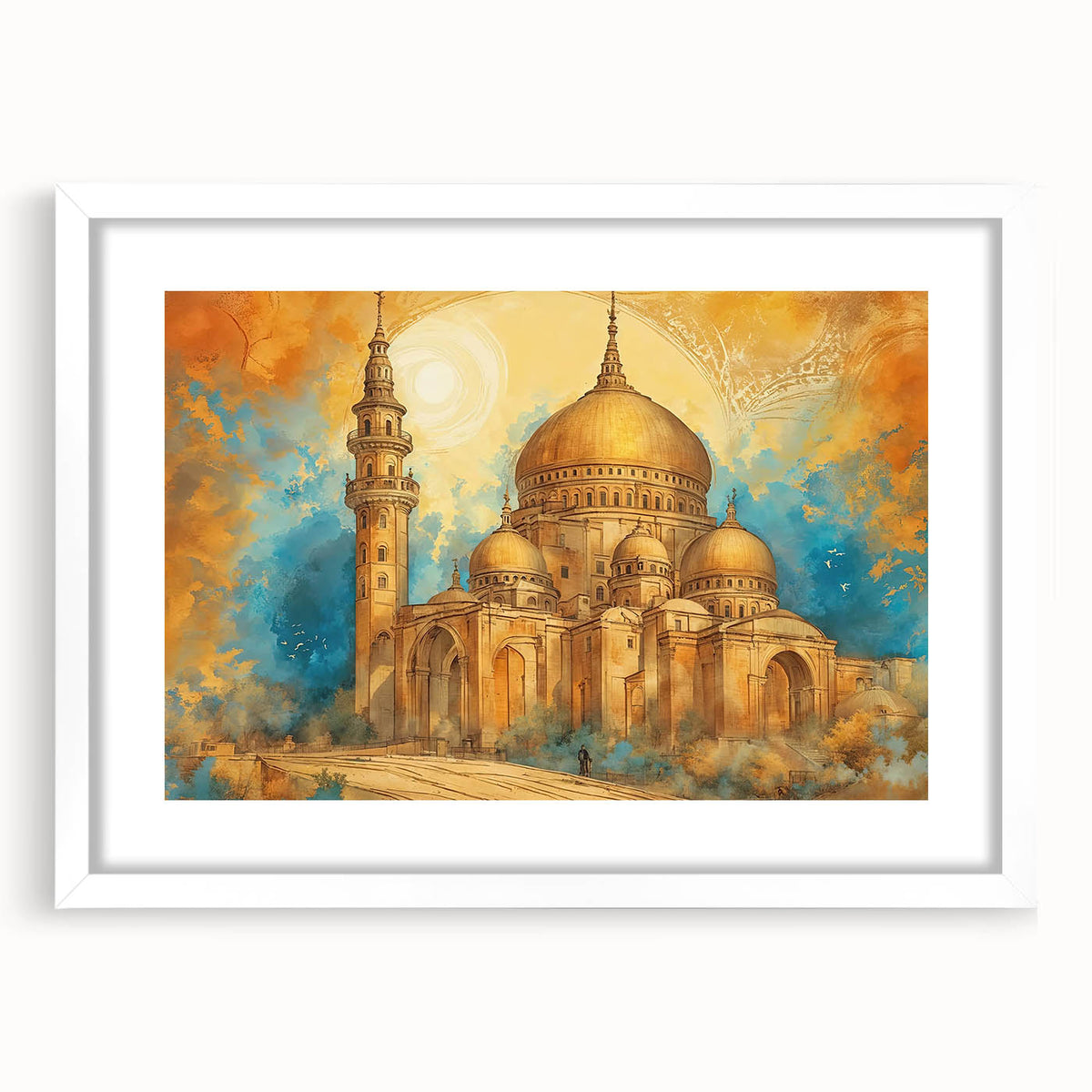Abstract art print of a Middle Eastern landscape in muted earth tones, framed with a white mat.