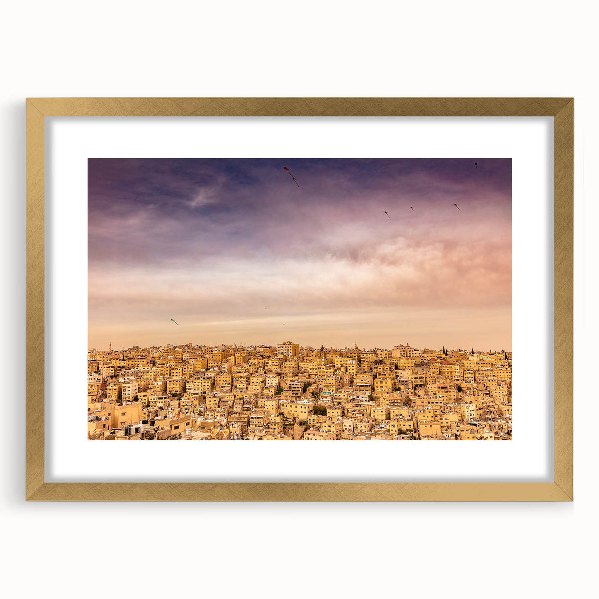 Extra large abstract art print featuring textured scenery of Jordan, in gold frame with mat, ideal for living room decor.