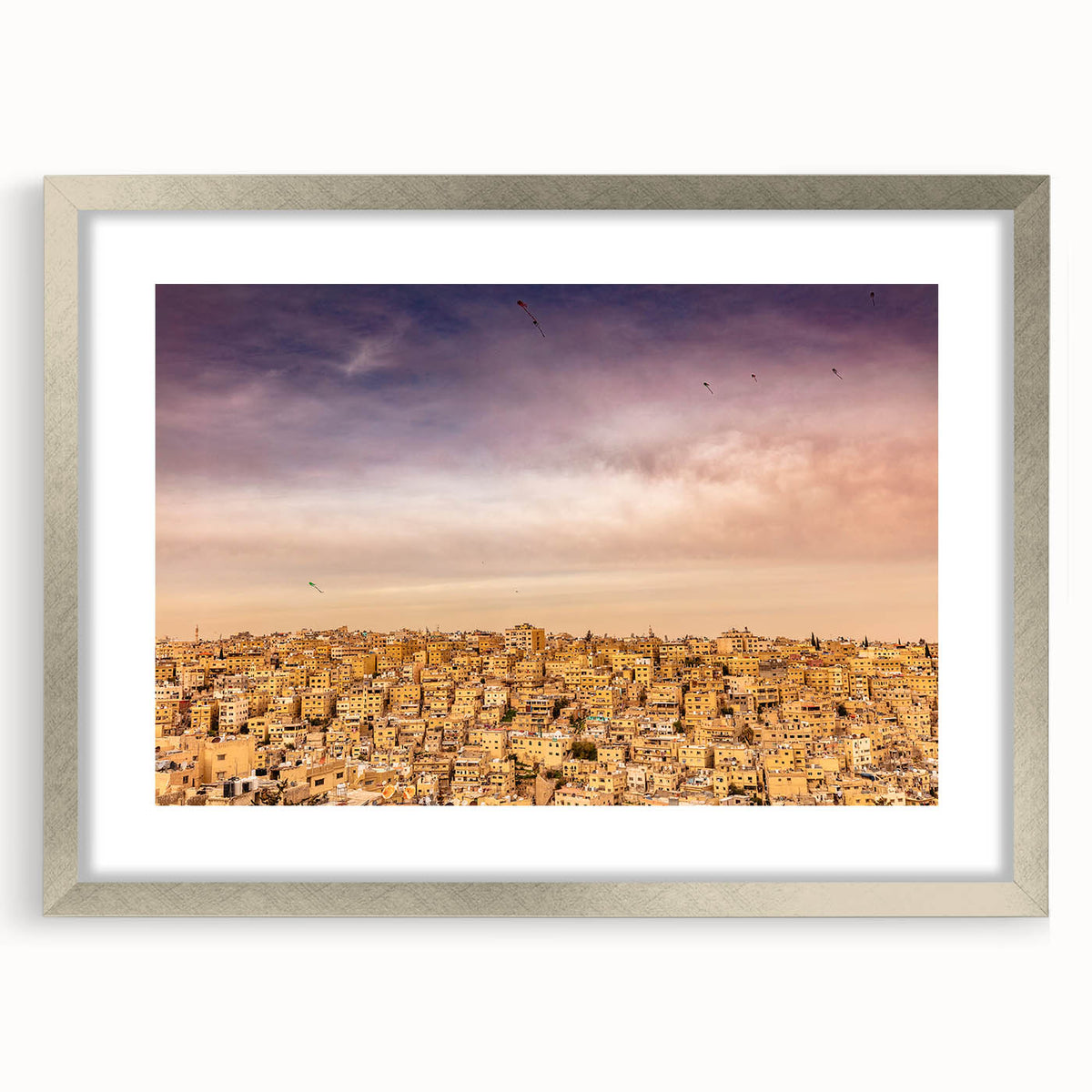 Textured abstract art print of a Middle Eastern Jordanian landscape in muted earth tones, framed in silver.