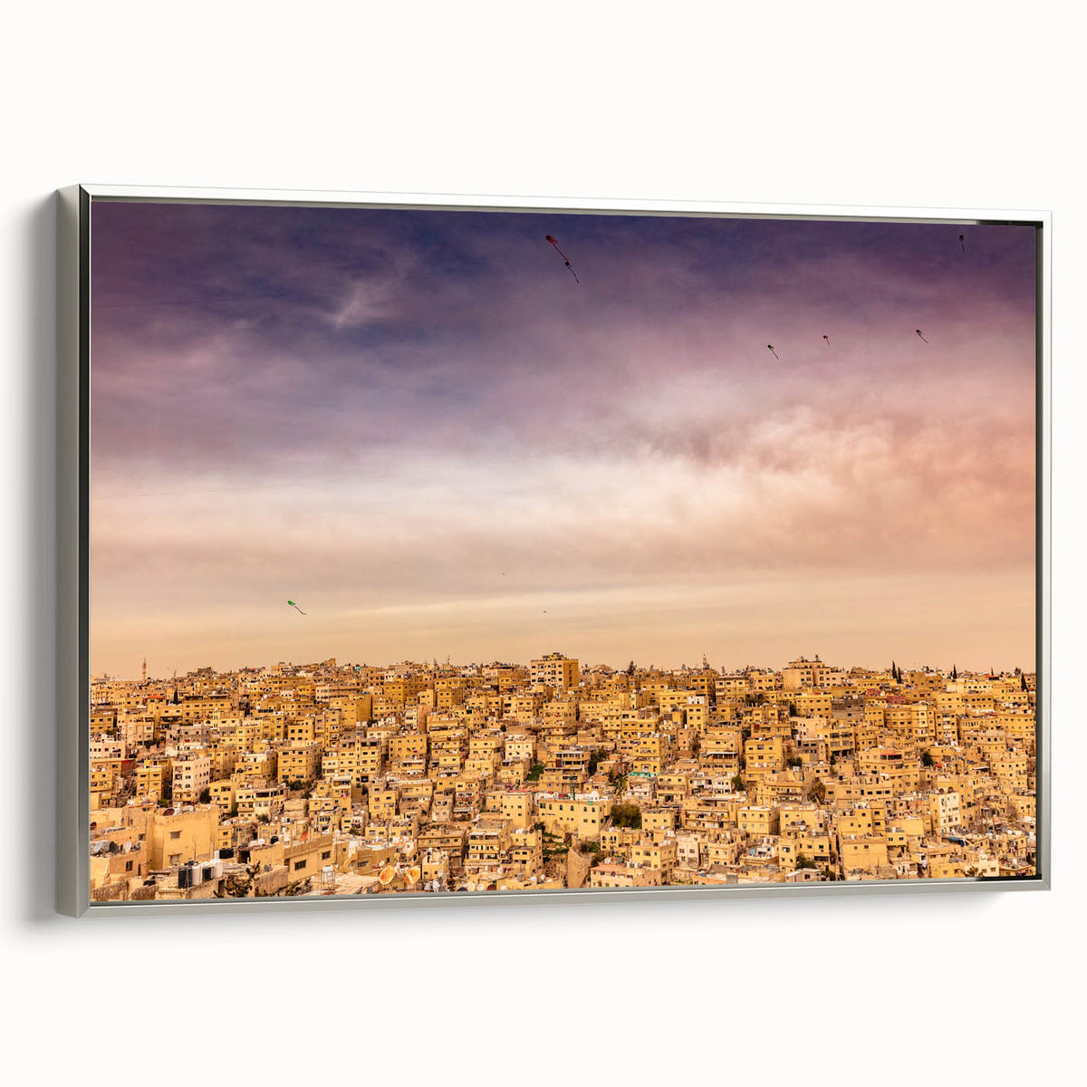 Framed canvas featuring a landscape art painting of the Middle Eastern Jordan scenery in muted earth tones.